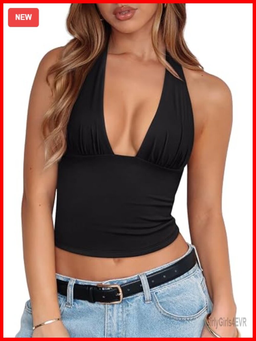 Halter Braless Open Back Crop Tank Top Double Lined Tie Plunge Neck Sleeveless - Picture 1 of 7